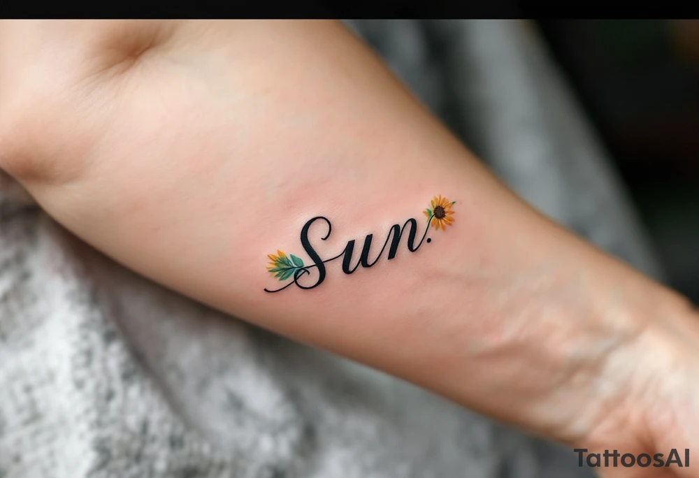 Word "Sun" written vertical with sunflower tattoo idea