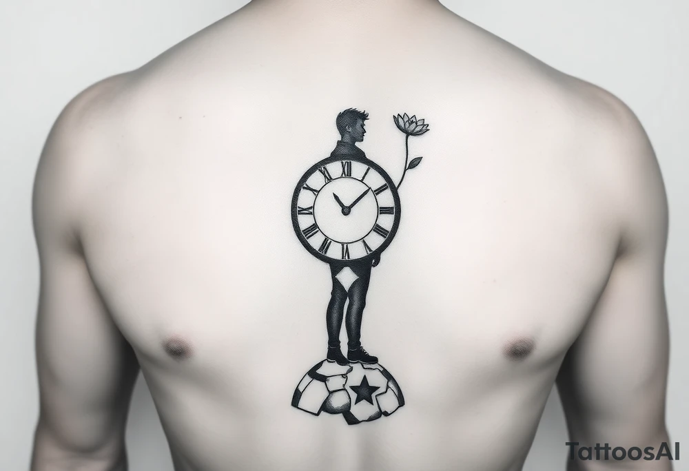 A masculine, minimalist silhouette of a confident young man standing on a small cracked and textured planet. Behind him floats a fragmented, angular broken clock face symbolizing anxiety and broken time. A single, sharp geometric flower grows from the planet, representing love and struggle. A small, sharp star or flame symbol glows on his chest, symbolizing inner strength and passion. The design uses bold, clean, angular lines with minimal shading, emphasizing strength and resilience. tattoo idea