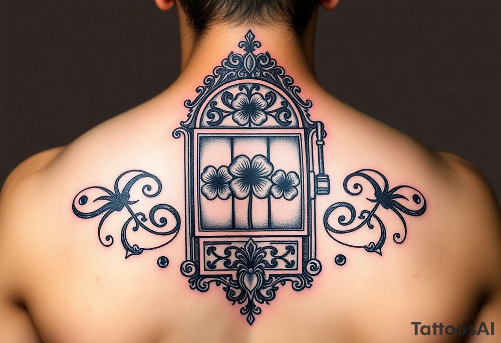 Ornate slot machine with three four leaf clovers tattoo idea