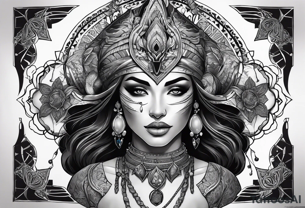 kali ma, alien goddess, valkrye, aries, pirate, divine feminine, zenza resonance, pachamama, lotus azul, blank panther, eagle, skull, 5D, nueva gaya, dna 12, left side chest tatoo tattoo idea
