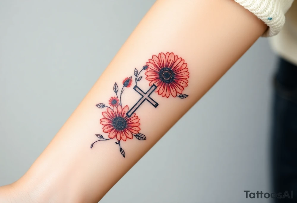 Gerber daisys wrap around wrist to cross on forearm with rich color add cross on forearm tattoo idea