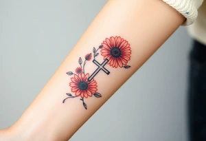Gerber daisys wrap around wrist to cross on forearm with rich color add cross on forearm tattoo idea