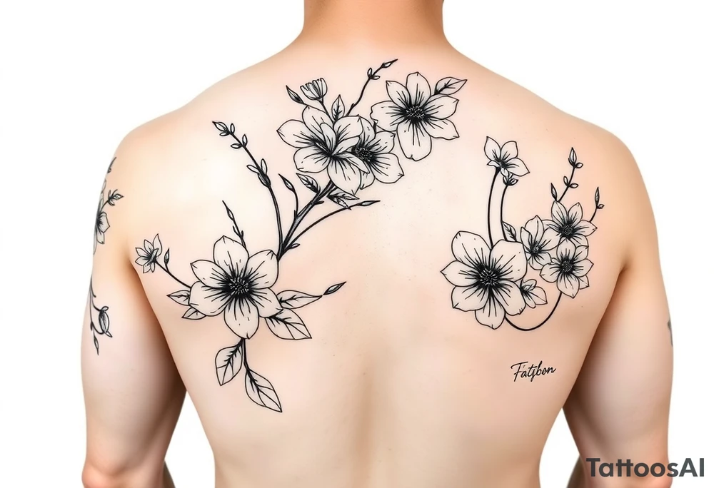 Full sleeve tattoo design of larkspur and hawthorn flowers, highly detailed line art, black ink, elegant botanical style, intertwined composition, no shading, no human mock-up, clean stencil style suitable for tattooing, fit fully within boundaries. LINE ART ONLY, REMOVE HUMAN, NO SKIN tattoo idea