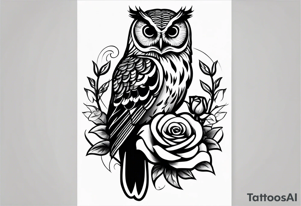 Barred owl holding a rose and a heart tattoo idea