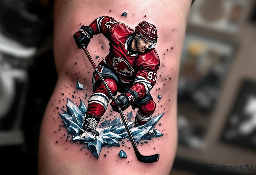 Slapshot Power Player
A muscular player mid-slapshot, frozen in time. Jersey in dark red with white accents. Ice shards explode beneath his skates in icy blue and gray. tattoo idea