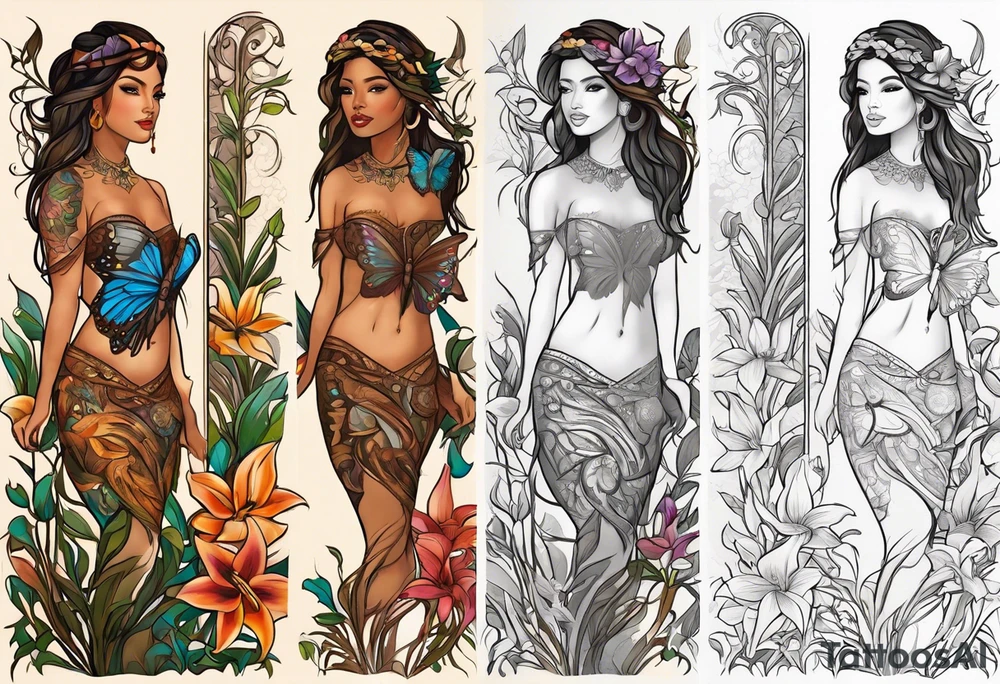 Portrait full length of Hispanic wood nymph made or bark and branches standing upright.  Butterflies in background. Lillies near her feet with colorful vegetation. tattoo idea