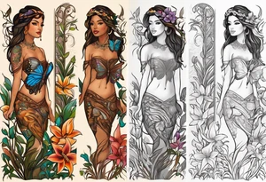 Portrait full length of Hispanic wood nymph made or bark and branches standing upright.  Butterflies in background. Lillies near her feet with colorful vegetation. tattoo idea