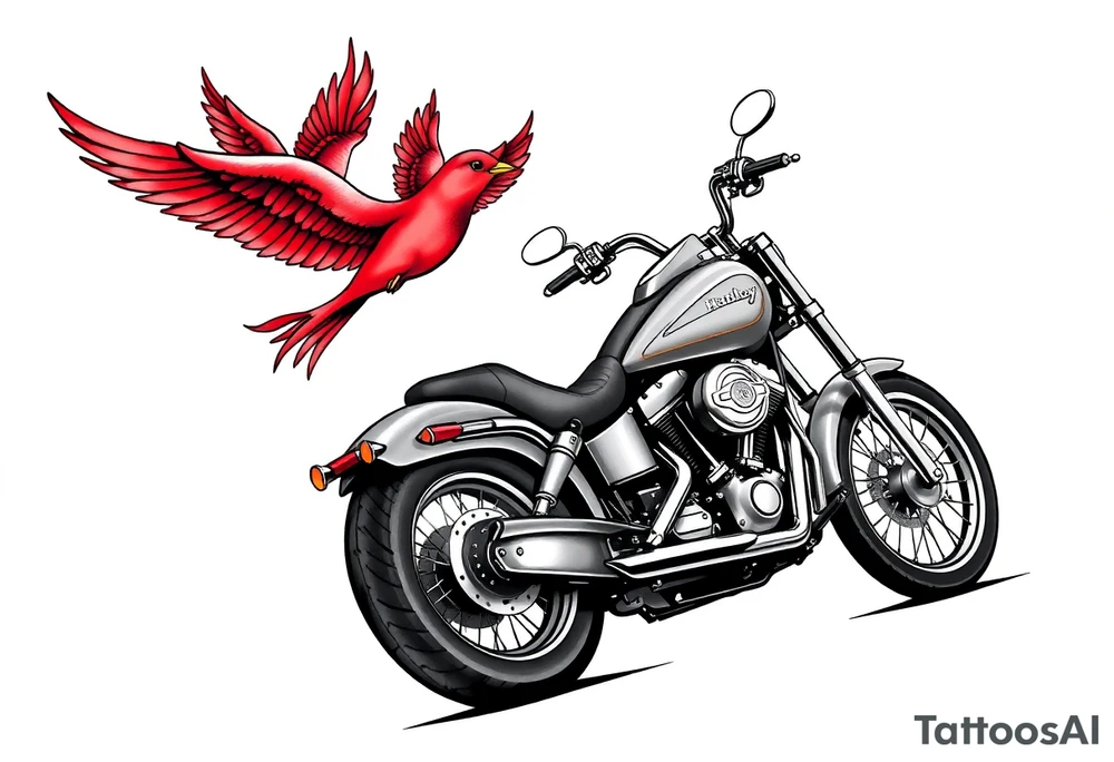 Harley grey motorcycle driving away, two red birds flying, roses, flames, angel wings tattoo idea