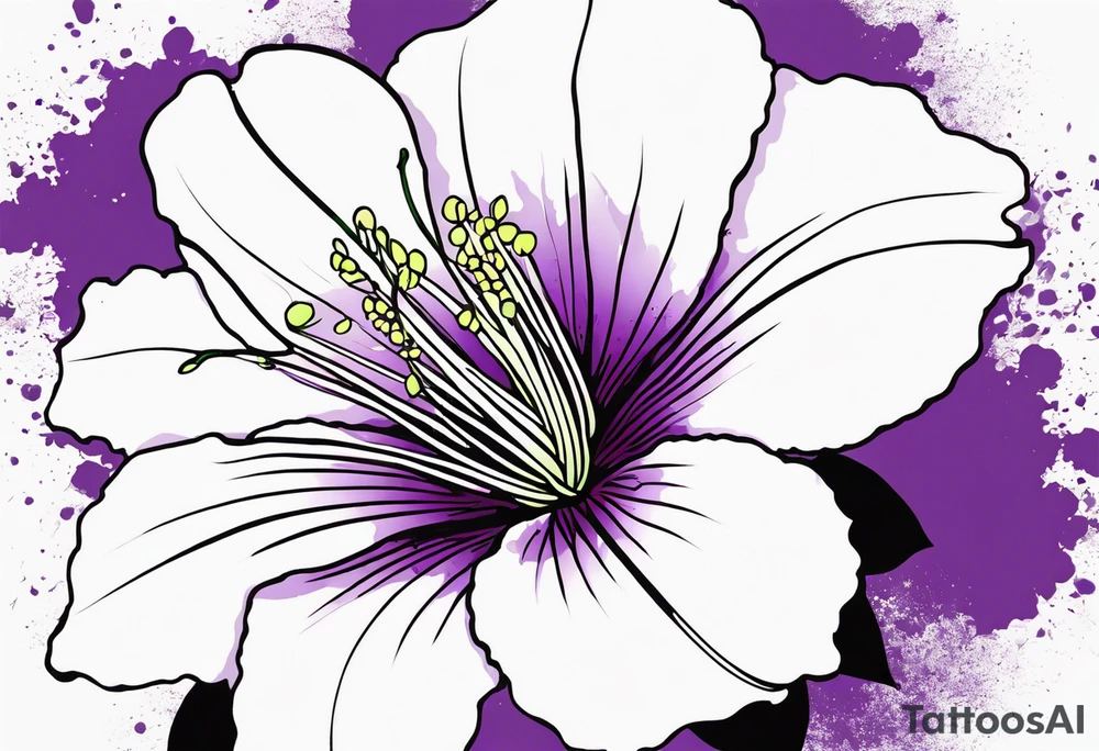 An outline of a rio dipladenia flower with a splatter green and purple background tattoo idea
