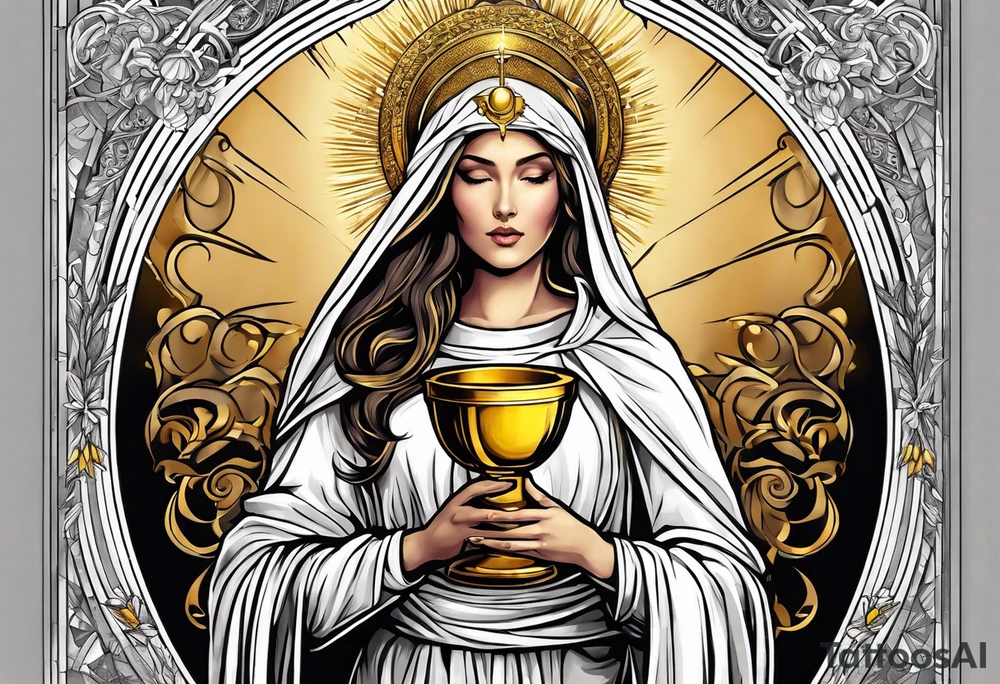 holy saint woman with golden halo holding a chalice tattoo idea