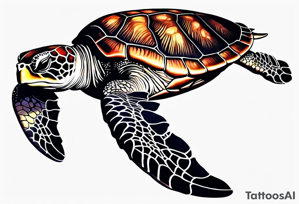 large sea turtle with the back right fin in lower left corner surrounded by coral and kelp tattoo idea