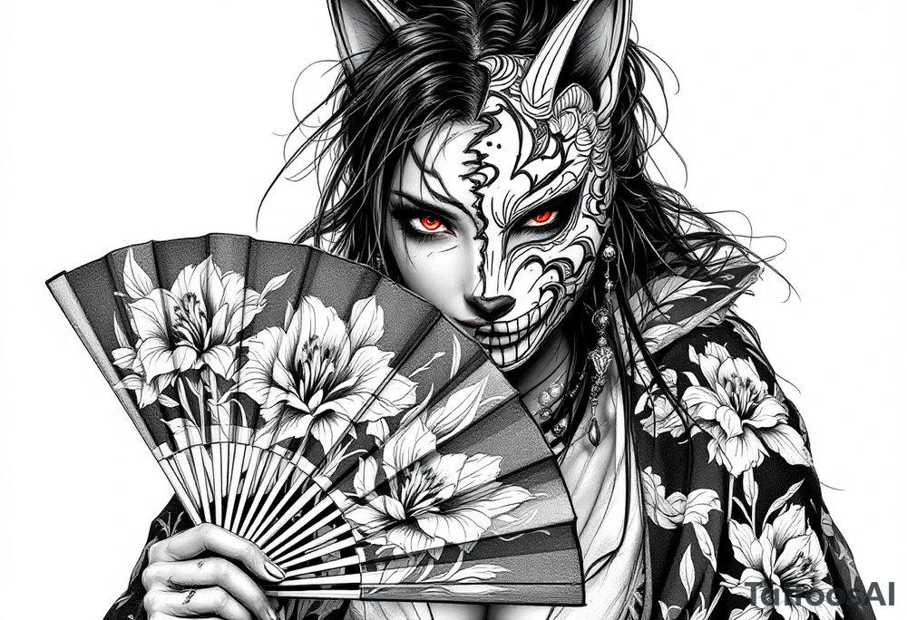 Woman samurai with red eyes wearing an half and broken kitsune mask, holding a japanese fan with Iris flowers tattoo idea