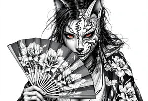 Woman samurai with red eyes wearing an half and broken kitsune mask, holding a japanese fan with Iris flowers tattoo idea