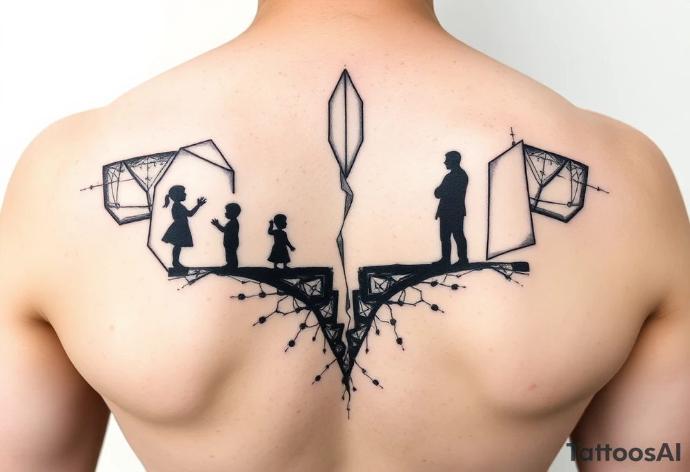Shattered mirror tattoo design, geometric mirror shards floating, dual reflection showing silhouette of small child reaching upward on one side and strong adult figure on opposite side, fragments create the complete image when viewed together, black ink with geometric patterns, negative space important, upper arm wrap design, abstract symbolic style, transformation theme tattoo idea
