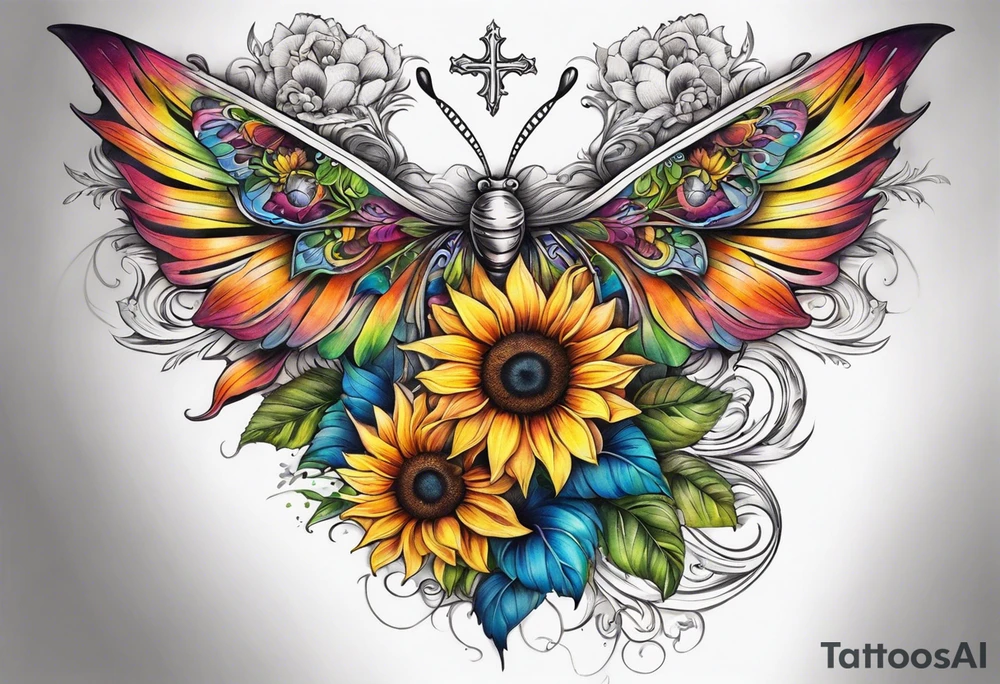 arm sleeve with winged cross, rainbow sunflowers and butterflies tattoo idea