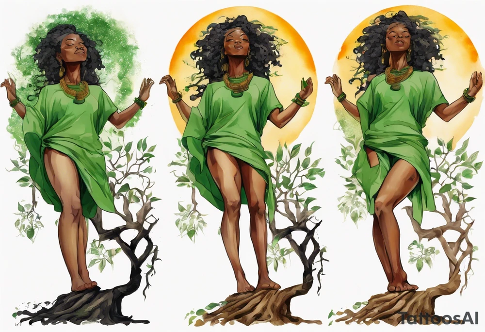 a tree trunk with roots that is a black woman from the waist up, feet made of tree roots, arms reaching up to the sun, wearing a green tunic tattoo idea