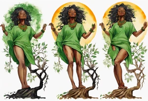 a tree trunk with roots that is a black woman from the waist up, feet made of tree roots, arms reaching up to the sun, wearing a green tunic tattoo idea