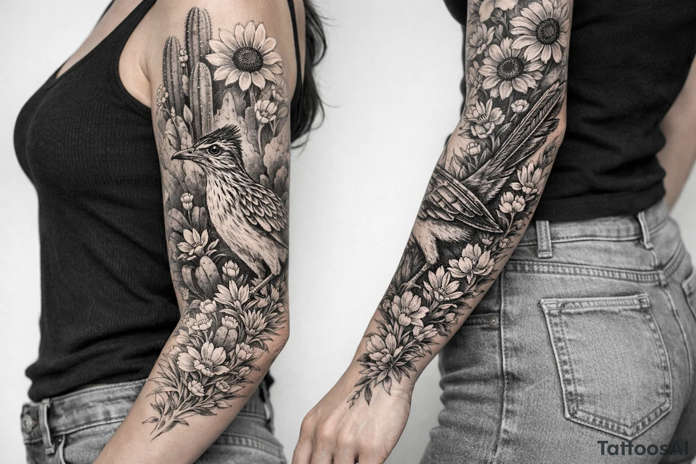 Medium size roadrunner surrounded by cactus and wildflowers including sunflowers and Indian paint brush flowers from shoulder onto hand tattoo idea