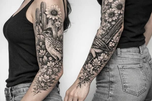 Medium size roadrunner surrounded by cactus and wildflowers including sunflowers and Indian paint brush flowers from shoulder onto hand tattoo idea