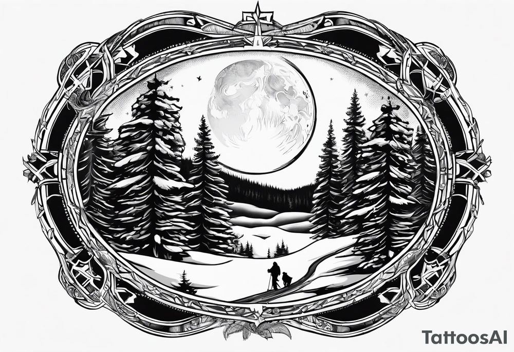 snowshoes and a moon above tattoo idea
