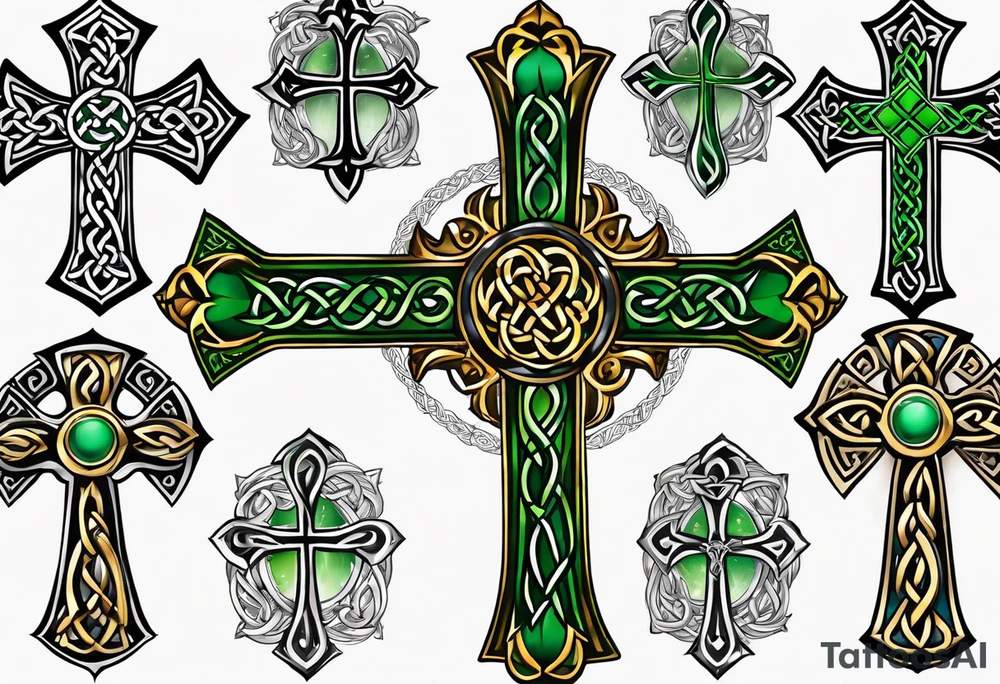 Celtic cross shamrocks in center one feather hanging from each side of cross tattoo idea
