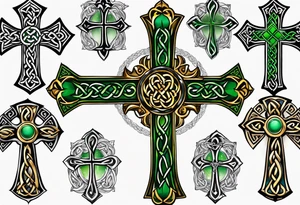 Celtic cross shamrocks in center one feather hanging from each side of cross tattoo idea