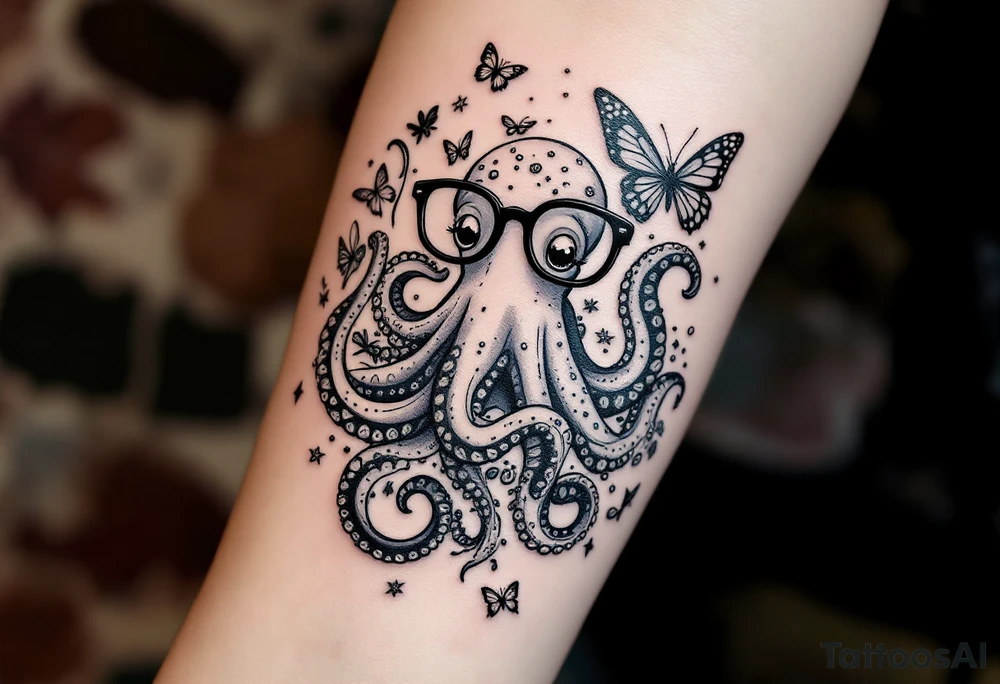 cute octopus, wearing glasses, friendly, surrounded by butterflies and oceanic items, grey ink, monochrome grey color tattoo idea