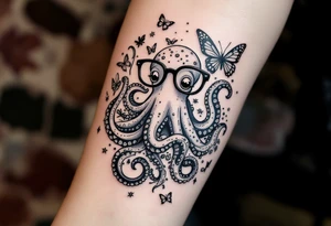 cute octopus, wearing glasses, friendly, surrounded by butterflies and oceanic items, grey ink, monochrome grey color tattoo idea