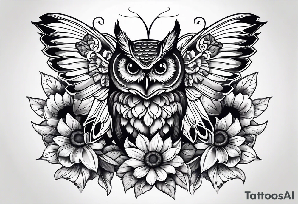 Small owl with butterfly and sunflower leg sleeve tattoo idea