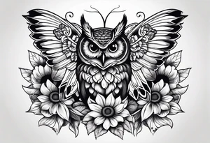 Small owl with butterfly and sunflower leg sleeve tattoo idea