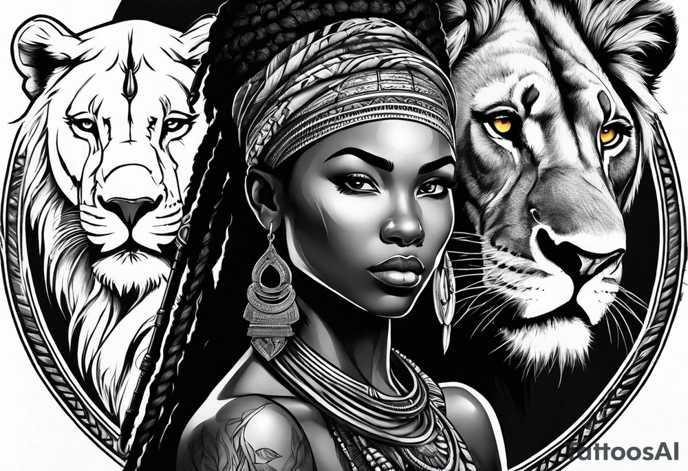 African woman warrior holding spear with deadlocks and earrings. With lion in the background tattoo idea