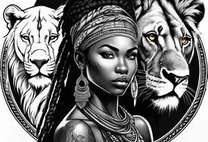 African woman warrior holding spear with deadlocks and earrings. With lion in the background tattoo idea