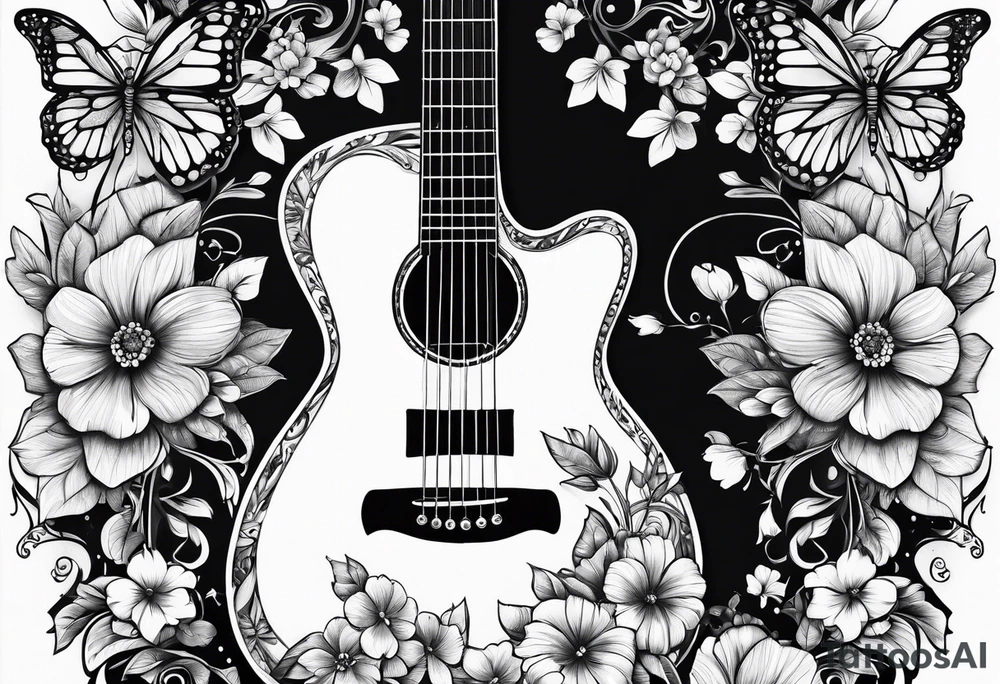 electric acoustic Guitar with flowers growing off the side, butterflies tattoo idea