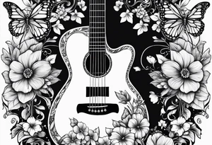 electric acoustic Guitar with flowers growing off the side, butterflies tattoo idea