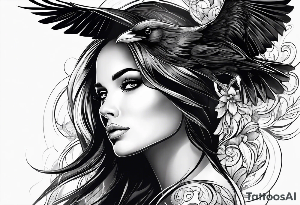 a beautiful woman slowly turns into a black raven tattoo idea