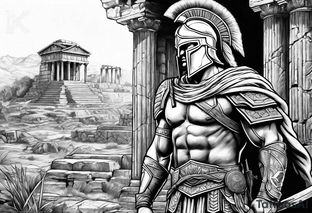 Spartan Soilder looking ancient ruins tattoo idea