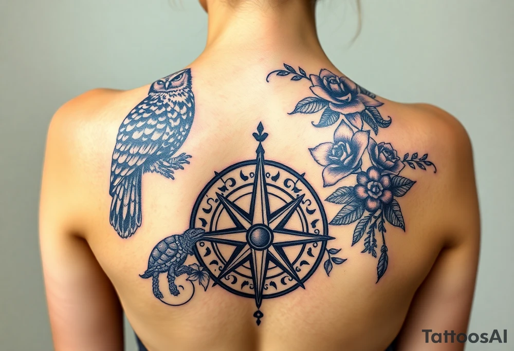 Full back owl on left shoulder flowers on right 3 turtles down spine use antique compass rose overlaid everywhere else tattoo idea