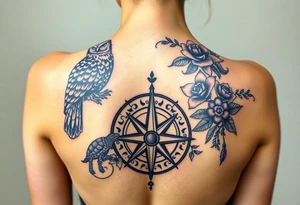 Full back owl on left shoulder flowers on right 3 turtles down spine use antique compass rose overlaid everywhere else tattoo idea