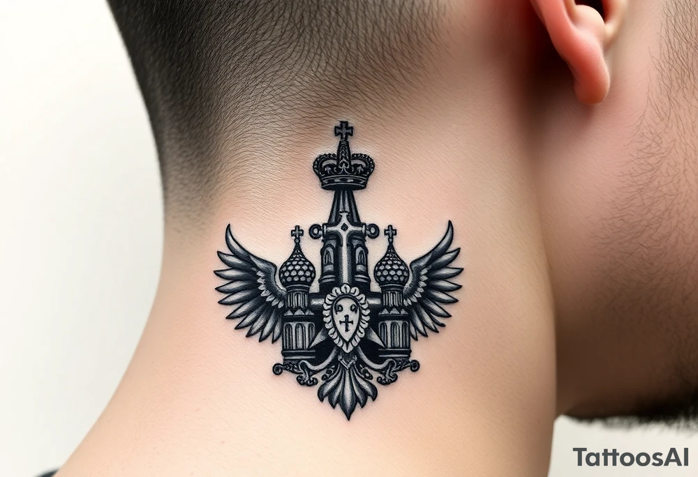 St. George, 3 russian imperial crowns above the Russian coat of arms double eagle and sitting above its wingspan sitting just above Kremlin or St. Basil's Cathedral scene  on the side of my neck tattoo idea