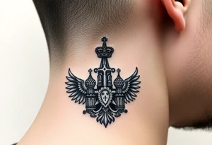 St. George, 3 russian imperial crowns above the Russian coat of arms double eagle and sitting above its wingspan sitting just above Kremlin or St. Basil's Cathedral scene  on the side of my neck tattoo idea