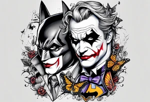 Small Batman and joker tattoo with butterflies and lots of color and harley quinn tattoo idea