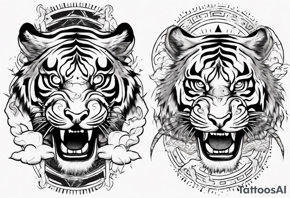 Ancient tiger with lightning and a sun for a forearm sleeve. With patterns surrounding it tattoo idea