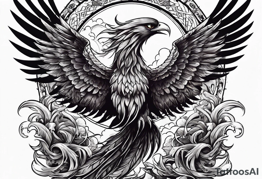 phoenix flying out of an alter made of skulls tattoo idea