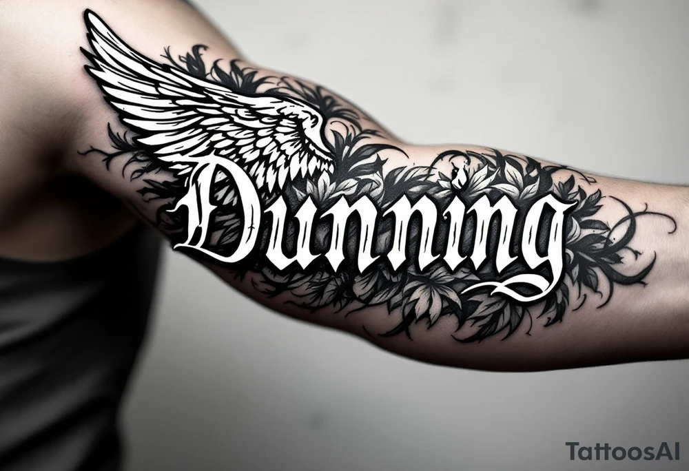 Dunning, left forearm details include angel wing, greek type of font,jungle leaves, name in white color tattoo idea