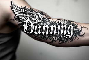 Dunning, left forearm details include angel wing, greek type of font,jungle leaves, name in white color tattoo idea