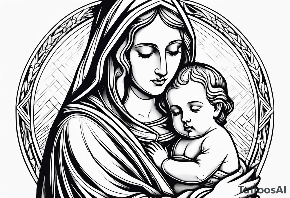 Mary holding baby Jesus in her arms crying tattoo idea