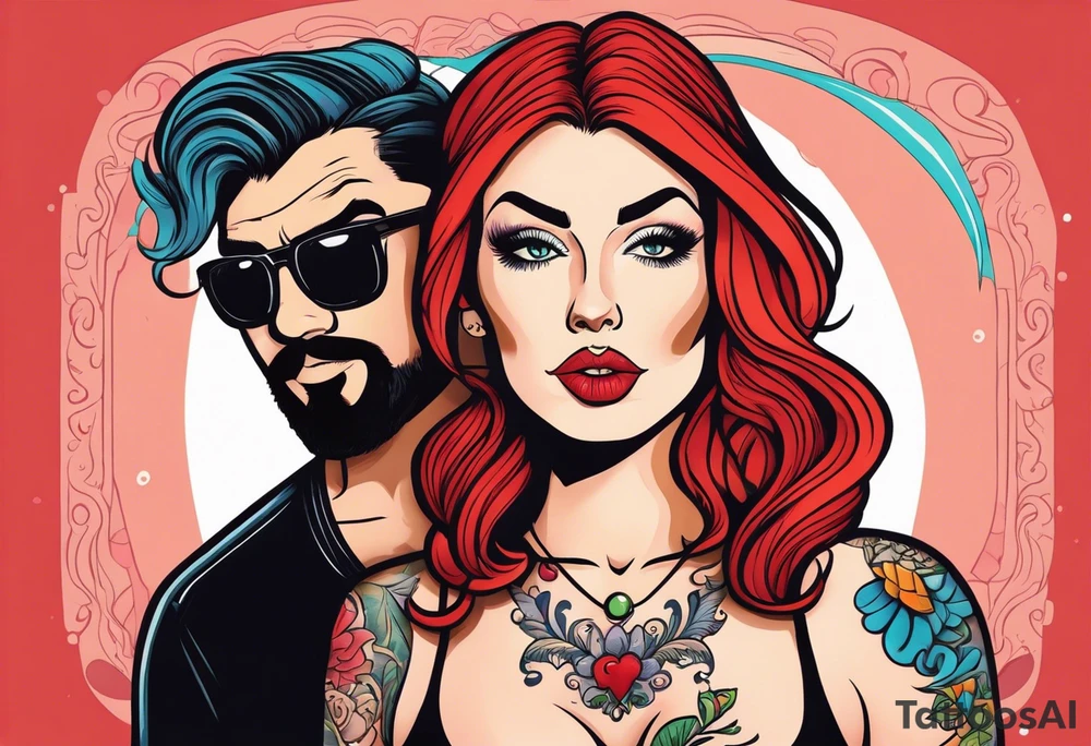 Busty Red haired woman with black haired bearded man tattoo idea