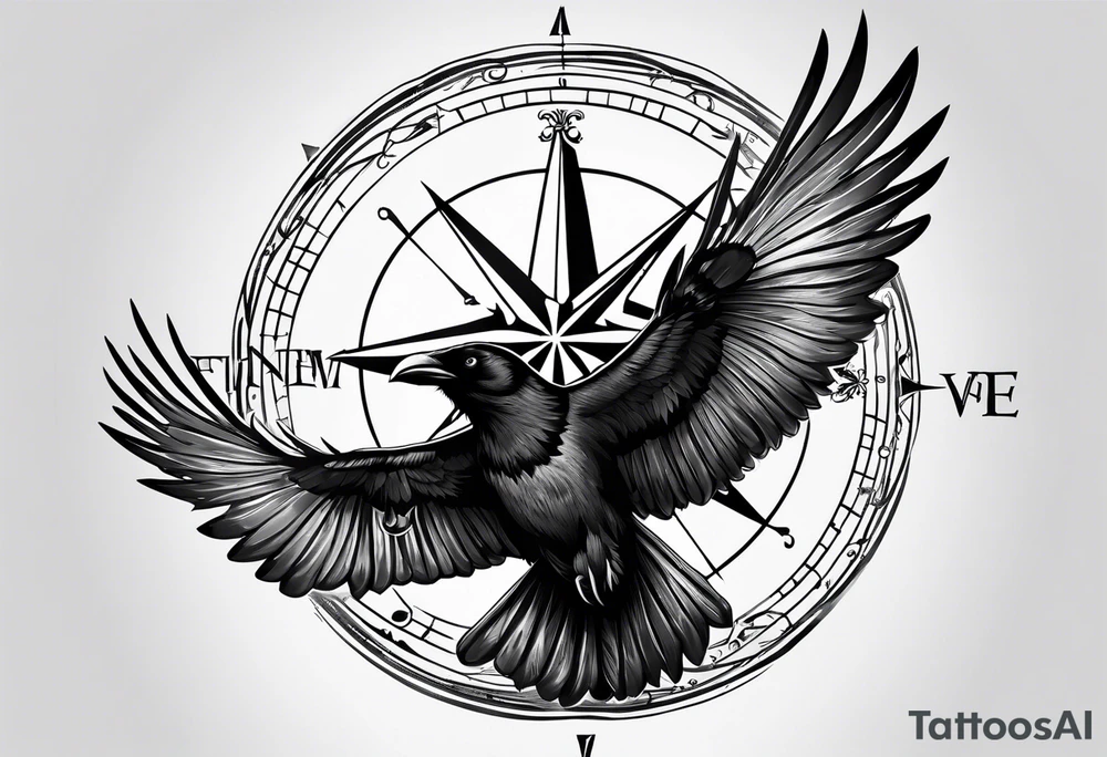 flying crow with compass tattoo idea