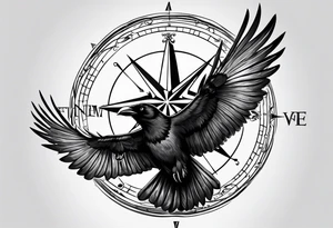 flying crow with compass tattoo idea