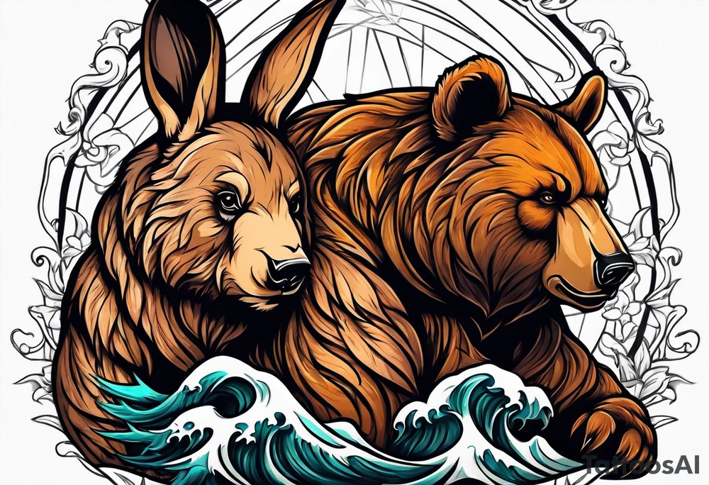 Muscular bear and strong rabbit fighting tattoo idea